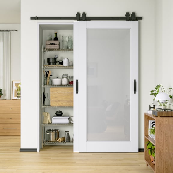 64" x 80" Bypass Barn Door-White Primed 1-Lite Frosted Glass Sliding Barn Door With Installation Hardware Kit/No Assembly Required