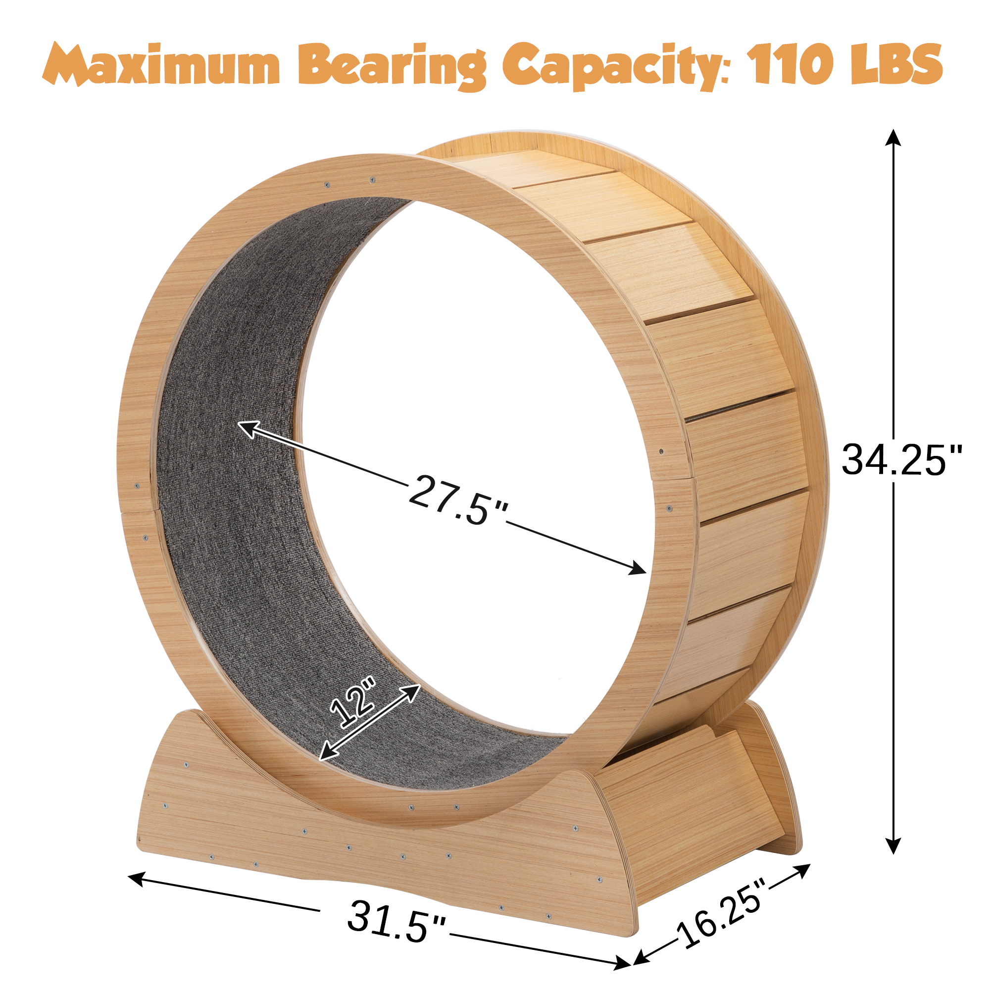 resenkos 34 Inch Round Hamster-Wheel Style Cat Exercise Wheel with Carpet Runway, Wooden Sisal-Covered Cat Scratcher Toy, Beige