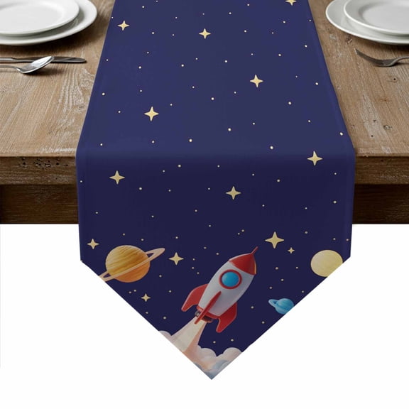 Cartoon Rocket Table Runner Linen Burlap Table Runner 72 Inches Long Funny Space Planet Blue Starry Sky Cloudy Dresser Scarves for Kitchen Island Coffee Dining Room Party Holiday Decoration 16"x72"
