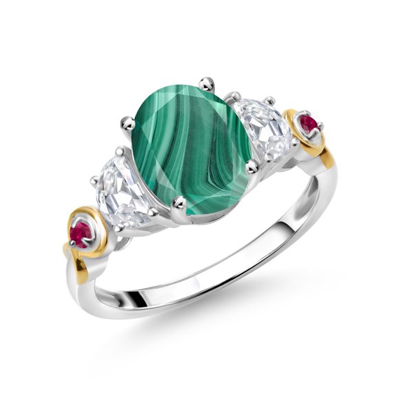Gem Stone King 925 Silver and 10K Yellow Gold 3-Stone Ring Oval Green Malachite and Moissanite (3.00 Cttw, Size 8)