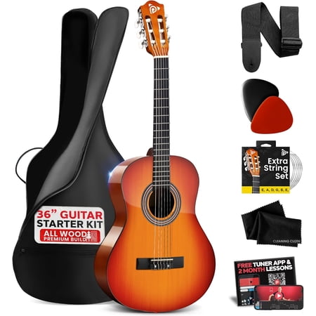 Pyle Beginner Acoustic Guitar Kit – 3/4 Junior Size 36” All-Wood Acoustic Guitar with Full Accessory Kit Tuner App & Lessons Cherry Burst Gloss