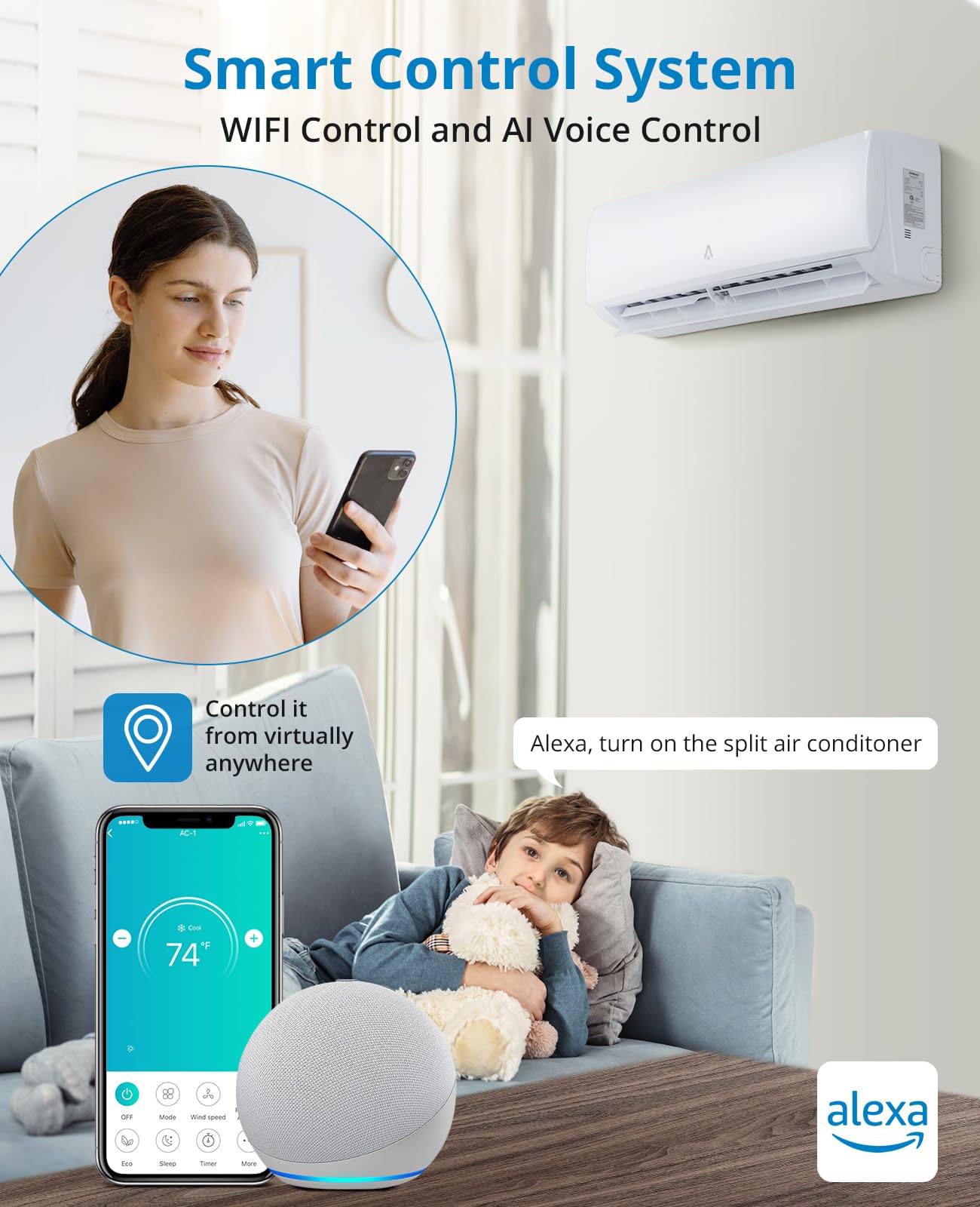 Towallmark 24000 BTU Smart Mini Split AC/Heating System 19 SEER Split Inverter Air Conditioner with Pre-Charged Heat Pump & Installation Kit, Cools Rooms up to 1500 Sq. Ft