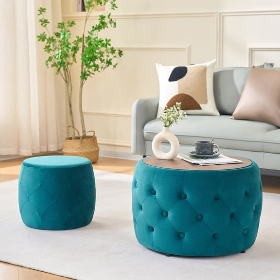 Velvet Nesting Ottomans, Round Storage Ottoman with Tray, 4-in-1 Footstool Coffee Table for Living Room, No Assembly Needed, Hidden Storage & Removable Lid, Blue