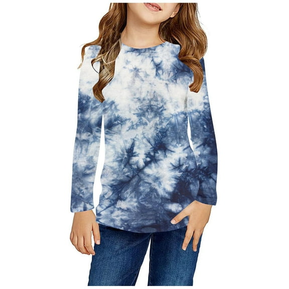 Nskgu Girls Casual Tunic Tops Tie Dye Printed Long Sleeve Loose Soft Blouse T-Shirt Crew Neck Shirts for Kids Long Sleeve Tops