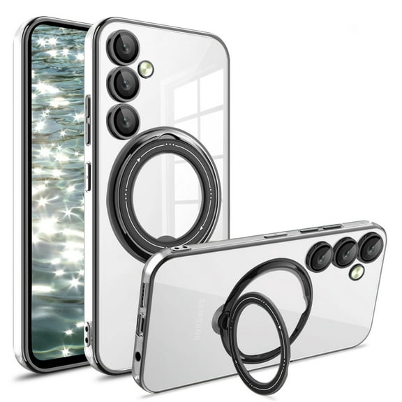 CCSmaller for Samsung Galaxy S23 FE Case (Not S23) with Camera Lens Protector, Non-Yellowing Shockproof Phone Bumper Cover with Stand & Ring Holder TPU Clear Case for Samsung Galaxy S23 FE LD Black