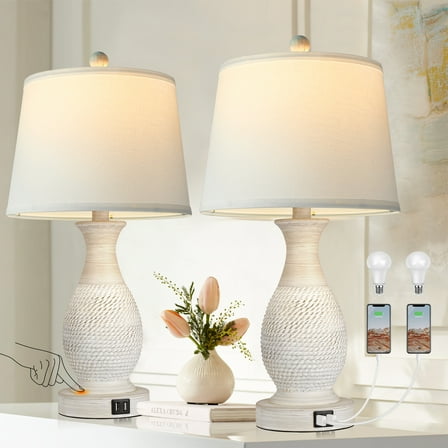 Partphoner Washed White Touch Control Table Lamp Set of 2, Resin Rustic Farmhouse Bedside Lamps