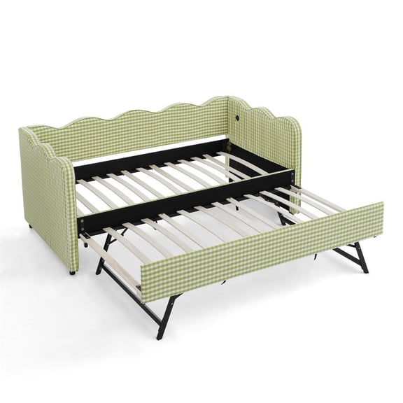 Topcobee Cozy Gingham Daybed with Trundle Twin Size Sofa Bed No Box Spring, USB Port, Wave Shape, Linen Fabric, Sleeper Sofa Bed, Convertible Couch, Green