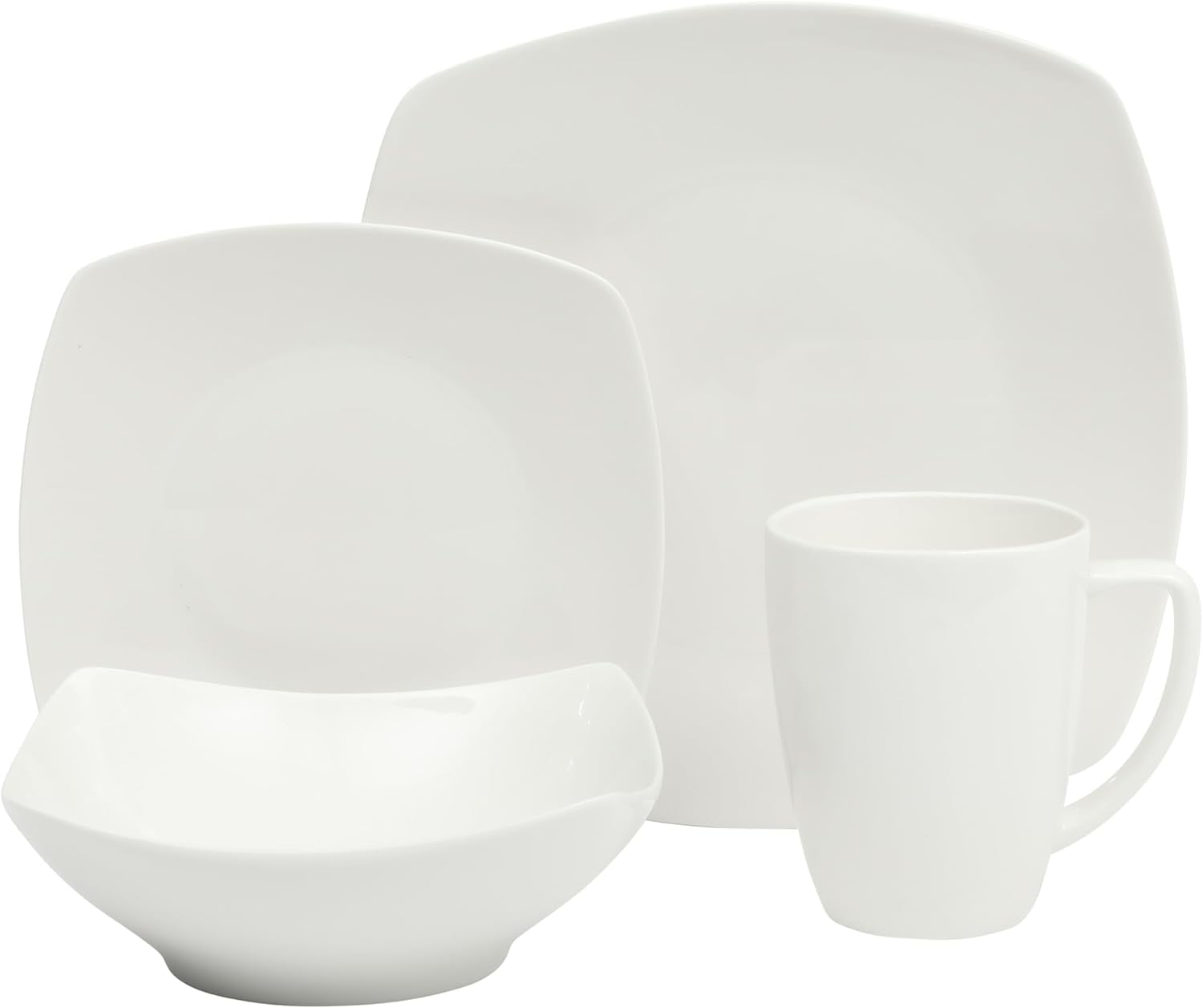 Home Zen Buffet White Porcelain Dinnerware Set for 4 with Square Plates, Bowls, Mugs, Chip and Scratch Resistant, Dishwasher and Microwave Safe, 16 Piece