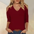 thumbnail image 2 of Fjofpr Women's V-Neck 3/4 Sleeve T-Shirt Cold Shoulder Blouse- Solid Color Basic Casual Tee, 2 of 6