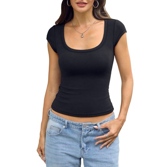Women Cotton Ribbed Scoop Neck Short Sleeve Shirts Cap Sleeve Slim Fit T-Shirt Basic Summer Going Out Top Black S