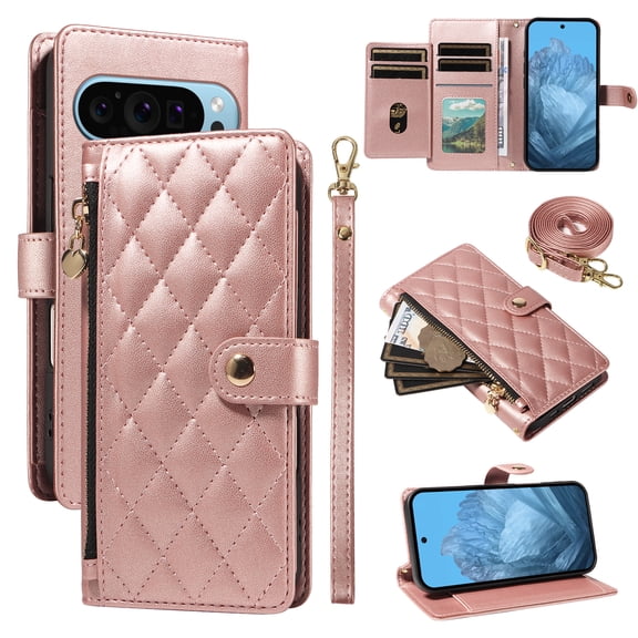 Wallet Lanyard Crossbody Strap Heavy Duty Case for Google Pixel 8 Pro with Cash Slots Card Holder Zipper Pocket Remium PU Leather TPU Full Body Protective Kickstand Rugged Phone Cover, Rosegold