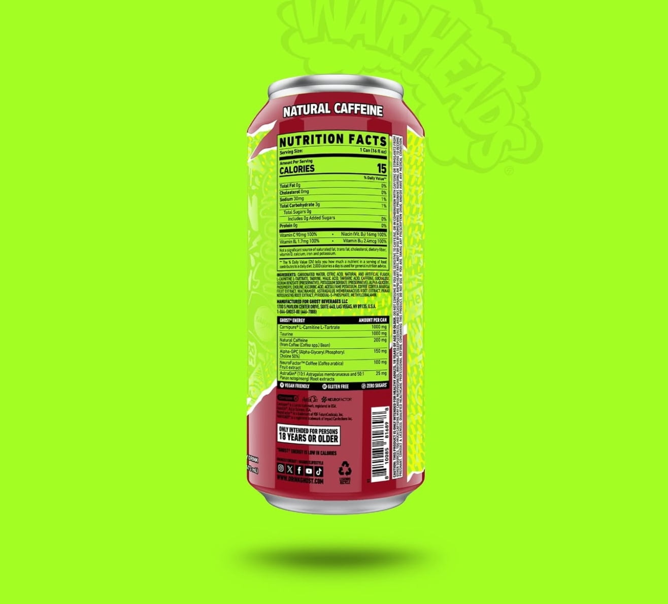GHOST® ENERGY Zero Sugars Energy Drink, WARHEADS® Sour Black Cherry, 16 fl oz Can