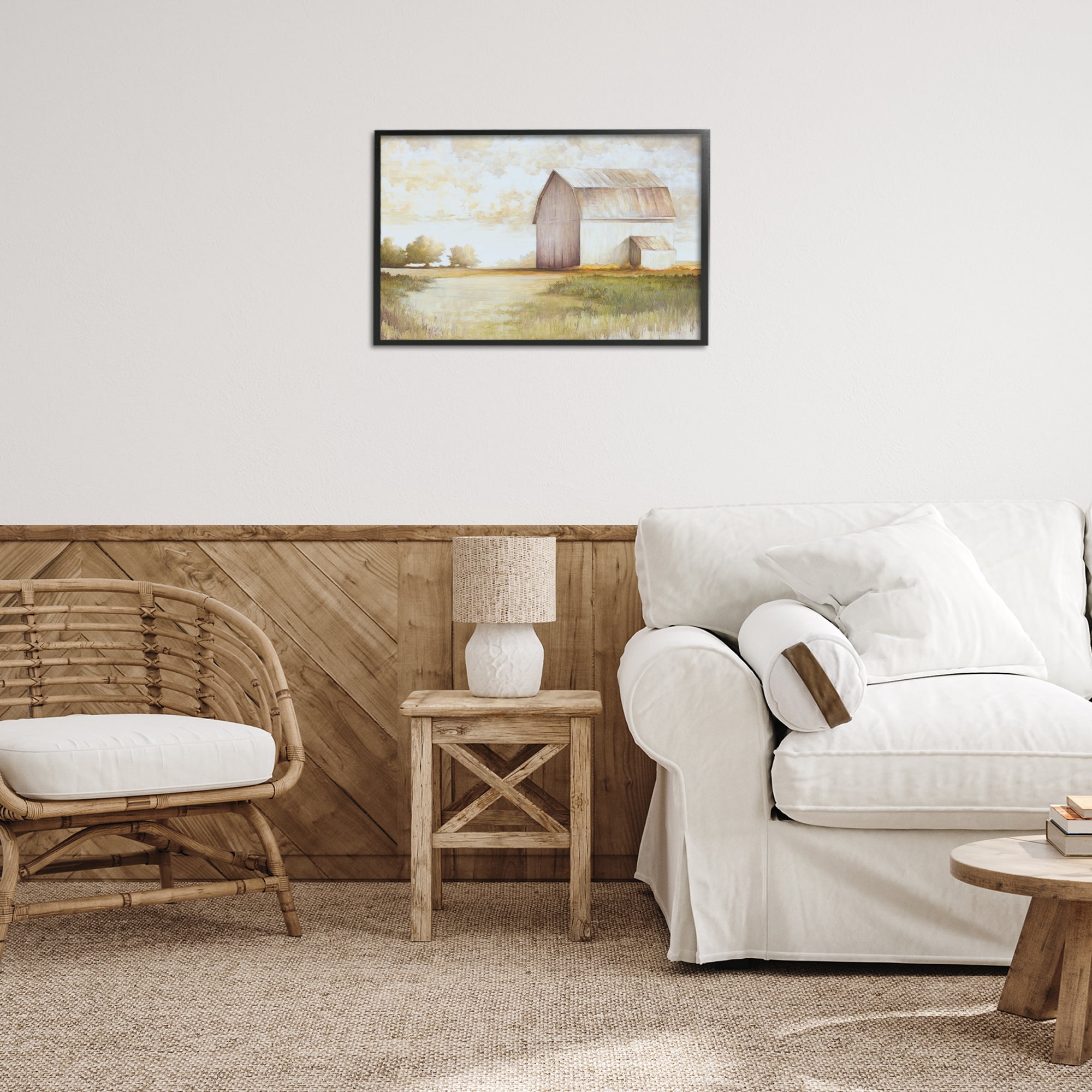 Stupell Industries Neutral Distant Barn Landscape Painting Black Framed Art Print Wall Art, 24 x 16