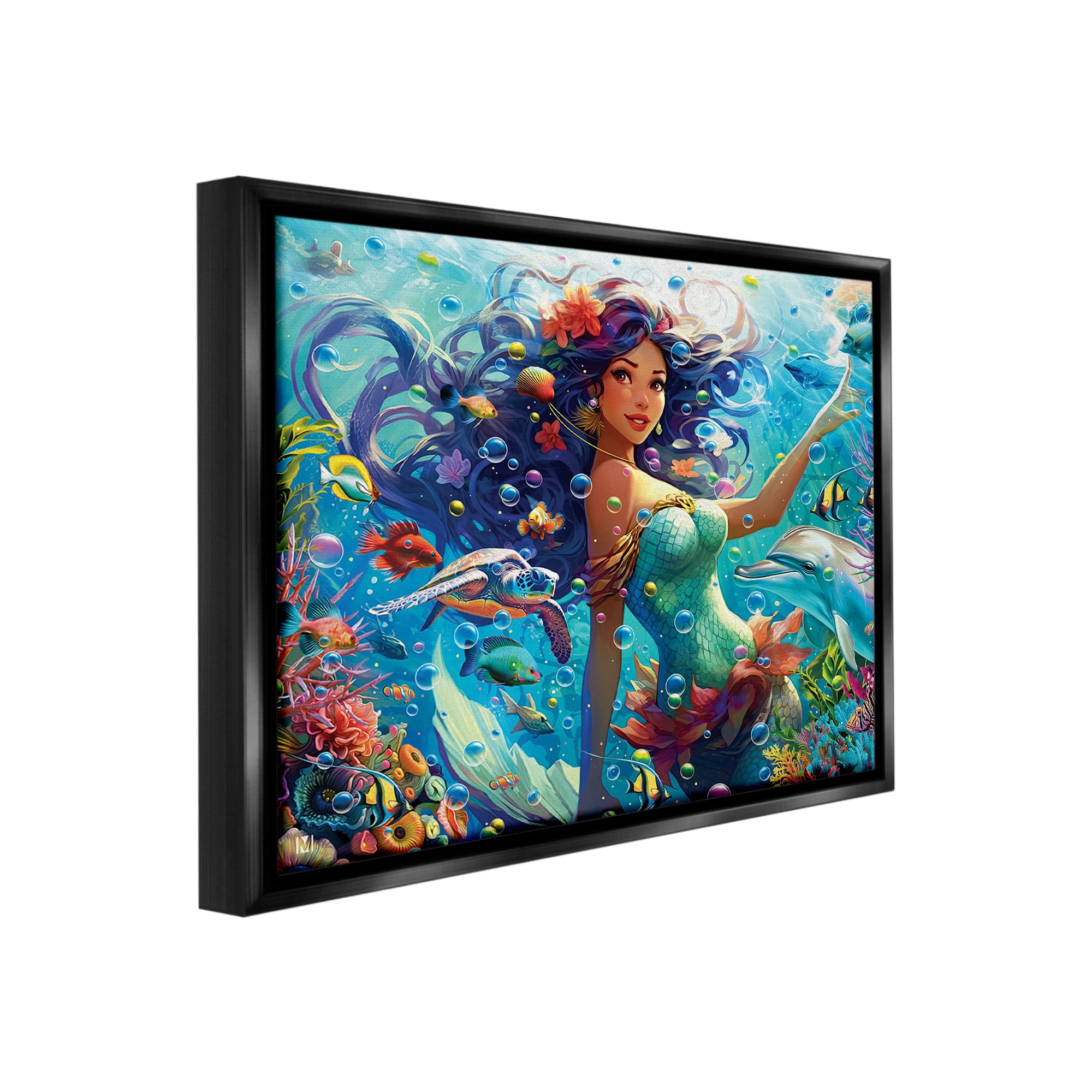Stupell Industries Mermaid & Marine Animals Fairy Tales & Fantasy Painting Black Floater Framed Canvas Art Print Wall Art, 31 x 25