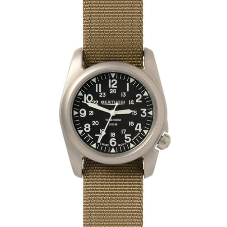 Bertucci Mens A-2T Vintage Analog Titanium Watch - Beige Nylon Strap - Black Dial - 12076