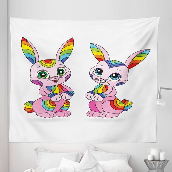 Bunny Tapestry, Funny Rabbits with Rainbow Colors Happy Face Forest Animal Abstract Illustration, Fabric Wall Hanging Decor for Bedroom Living Room Dorm, 5 Sizes, Multicolor, by Ambesonne