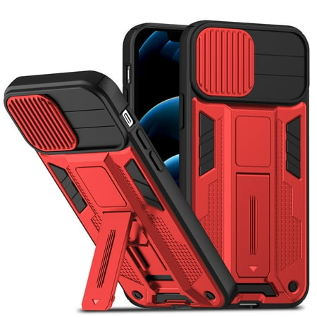 Mantto for iPhone X Case, iPhone XS Case, with Foldable Kickstand and Sliding Lens Camera Protection Cover Armor Military PC Shockproof Rugged Case for iPhone X/XS , Red