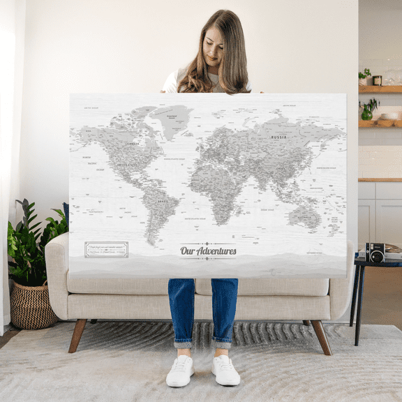 Elephant Stock Our Adventures Iii Push Pin World Map Wall Art - Map Canvas Art - 12" x 8"