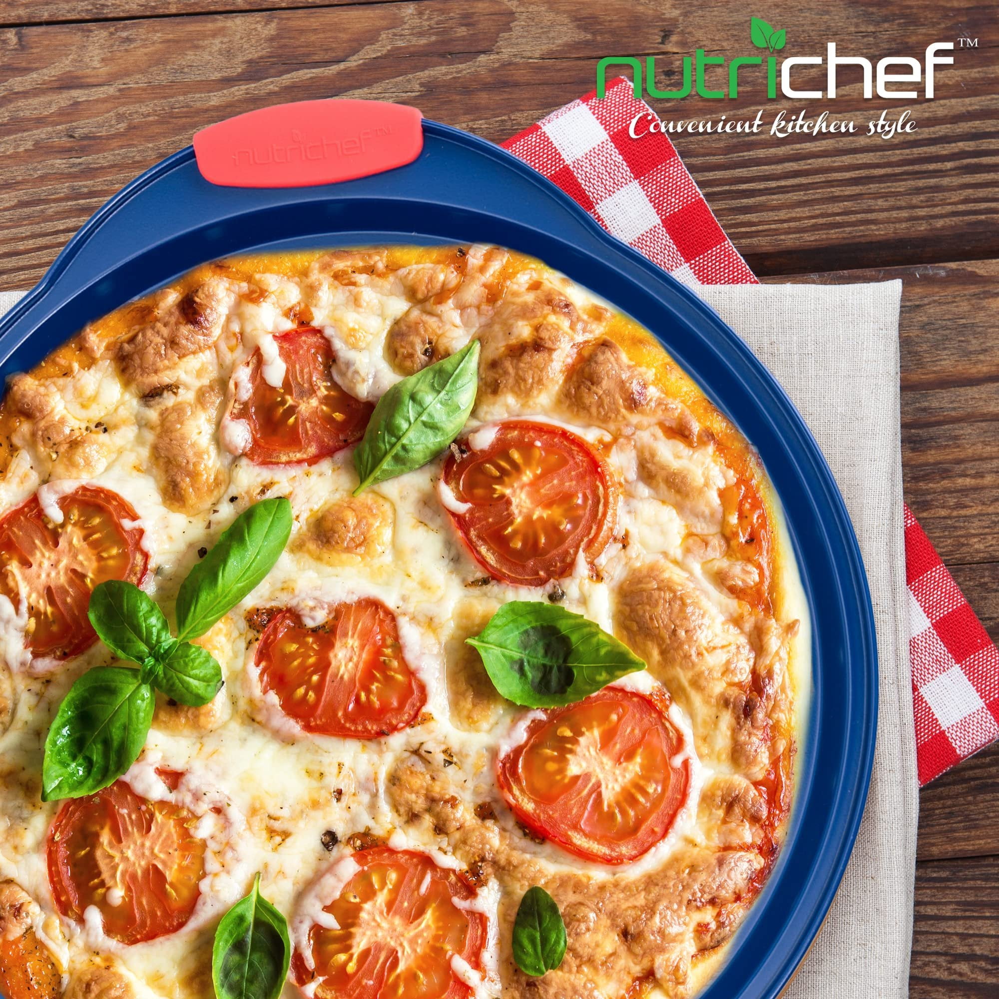 NutriChef Non-Stick Pizza Pan - Deluxe Nonstick Blue Coating Inside & Outside With Red Silicone Handles (Blue)