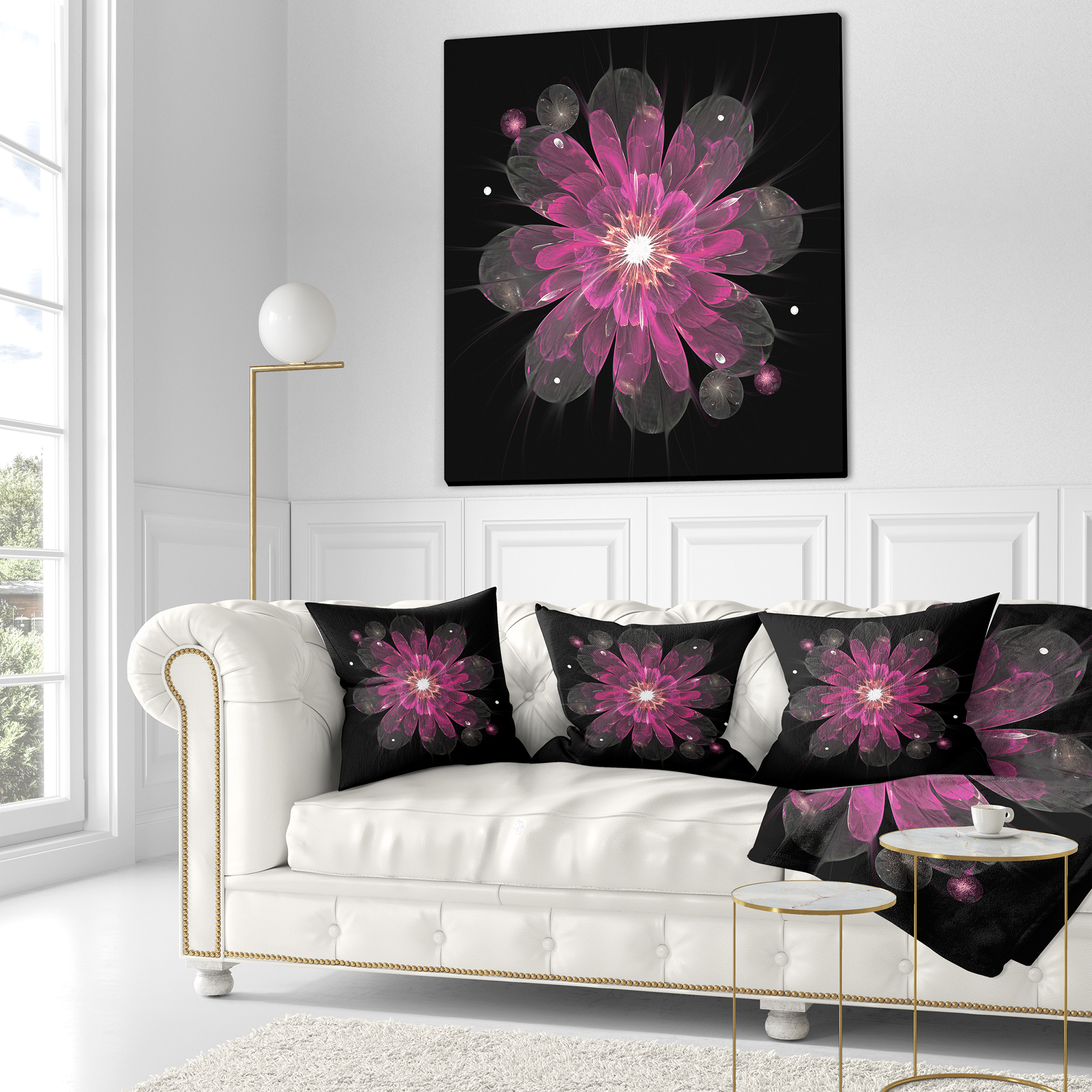 Designart Shiny Light Pink Fractal Flower on Black - Floral Throw Pillow - 16x16