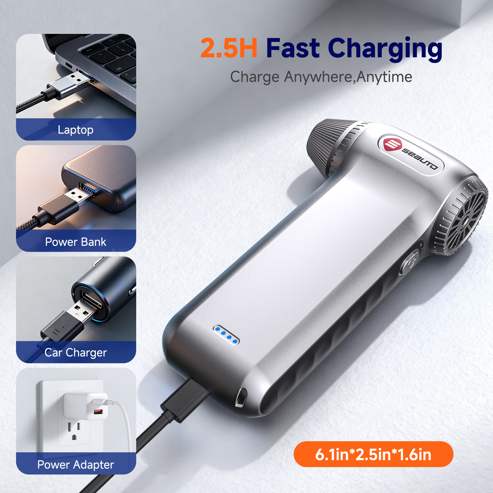 Cordless Air Duster, 130000RPM Electric Compressed Air Duster, Mini Blower with 3-Speed, 4000mAh Battery, USB-C Fast Charging for Car, Computer, Home & Snow Cleaning，Silver
