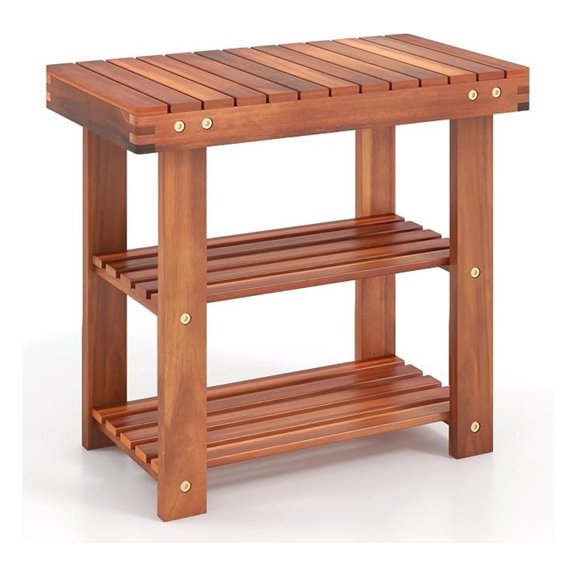 WDZS Acacia Wood Shoe Rack Bench, 3 Tier Sturdy Bench, Storage Organizer, Holds up to 180lbs for Entryway, Bedroom, Living Room, Balcony, Teak Color (19-inch)
