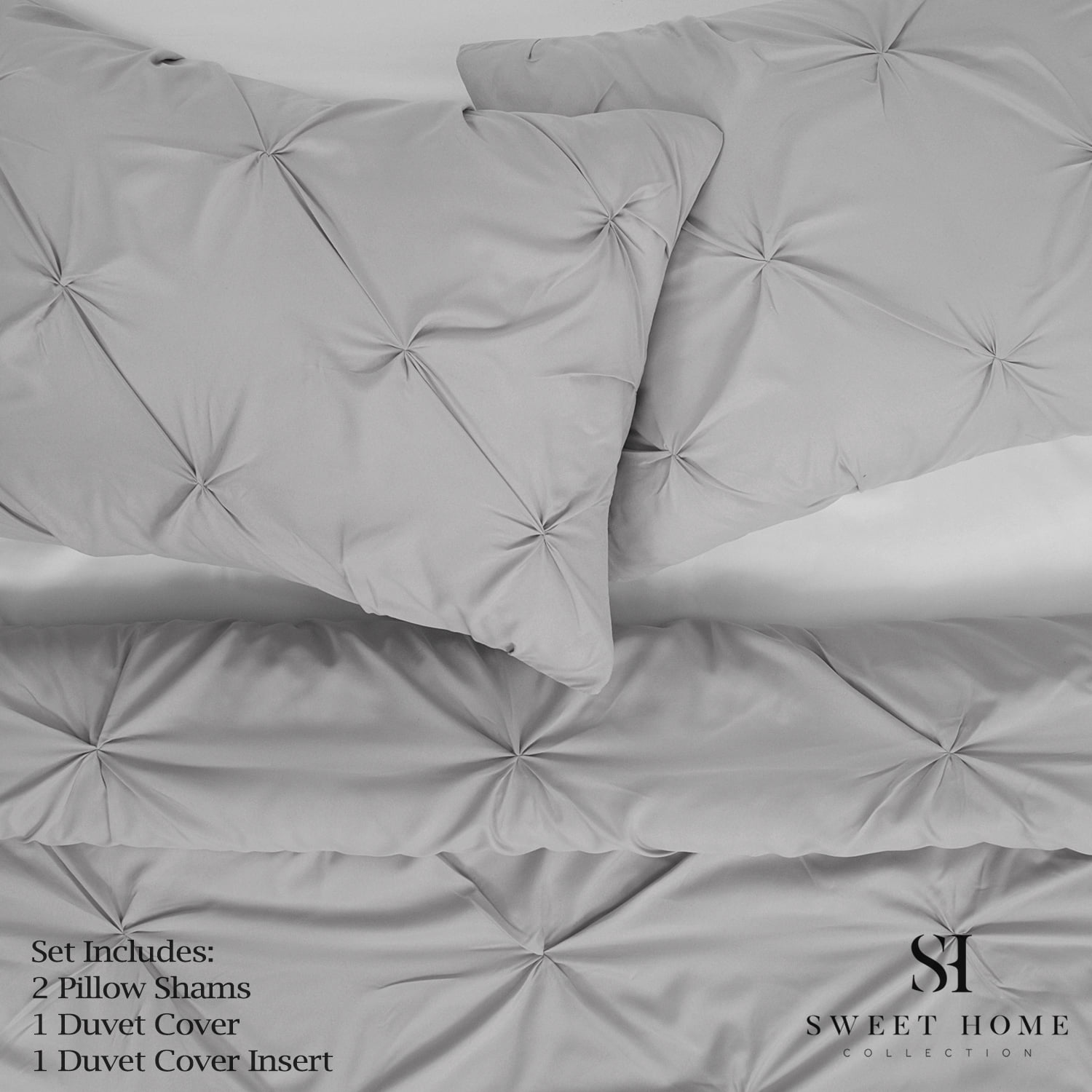 Sweet Home Collection, Luxury 4-Piece Silver Pinch Pleat Pintuck Duvet with Shams and White Comforter Set, Queen, Silver, Pintuck