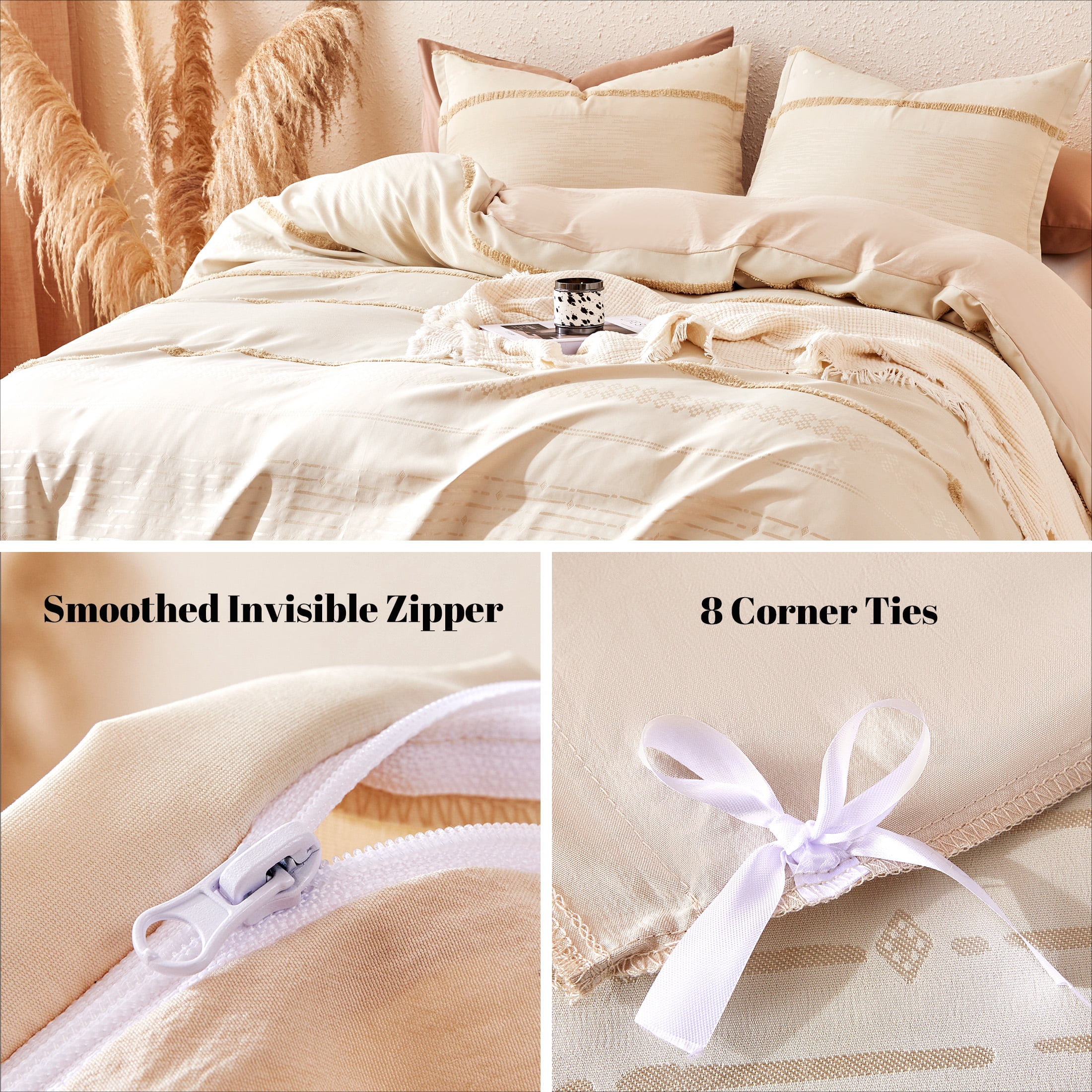 Sonive Boho Duvet Cover Set Modern Boho Beige Tufted Textured Duvet Cover Set, Queen