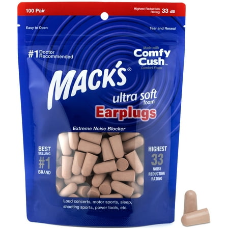 Mack's Ultra Soft Foam Earplugs, 100 Pair Bag - 33dB Highest NRR, Comfortable Ear Plugs for Sleeping, Snoring, Travel, Concerts, Studying and Loud Noise