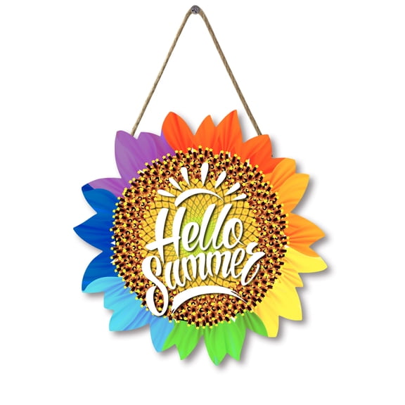 Sunflower Hello Summer Wood Door Hanger 12 Inch Large Wooden Flower Sign Inspirational Wall Porch Art Summer Fall Front Door Wreath Hanging for Bedroom Living Room Indoor Outdoor Kitchen Home Decor