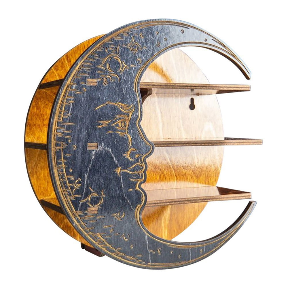 Moon Shelf for Crystals Full Circular Wooden Moon Shelf Decorative Boho Home Hanging Crystal