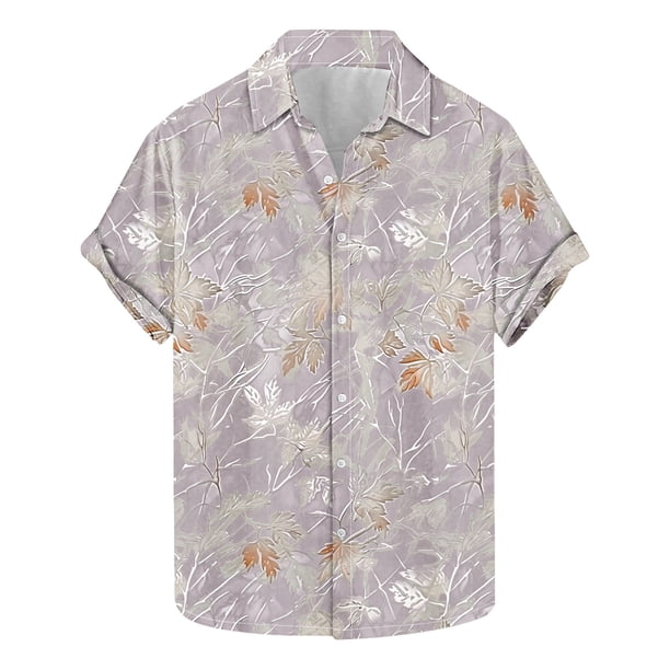 Camisas de Manga Corta de los Hombres Casual Hoja Impresión Solapa Superior, Mezcla de Poliéster/Spandex de la Moda para la Fiesta Y la Playa