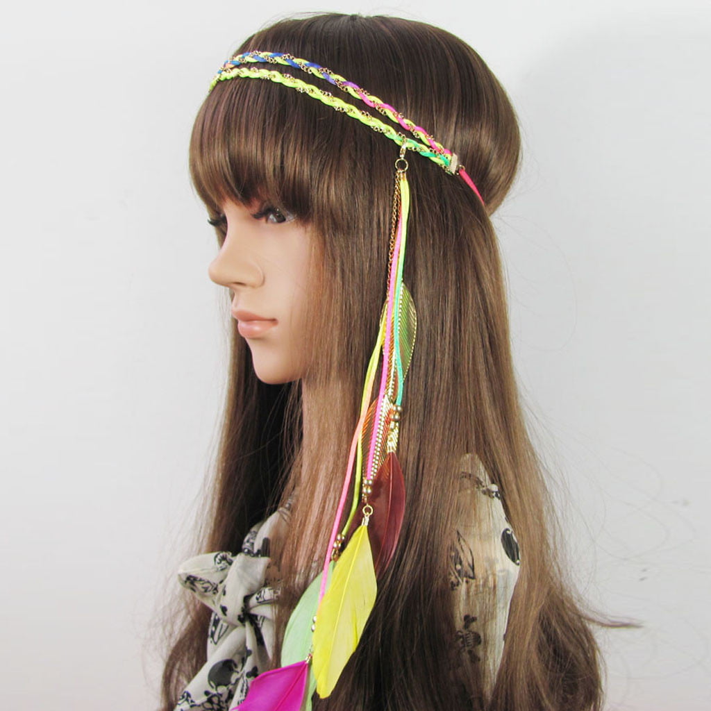 Women Girl Brown//Beige Bohemia Peacock Feather Hair Headpiece Headband Head Band