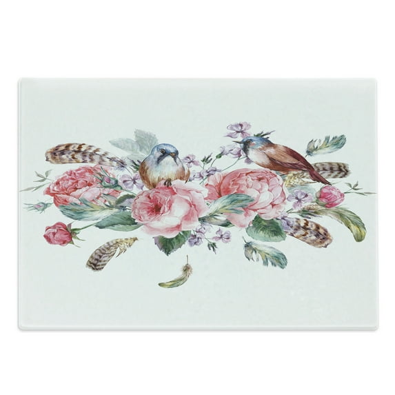 Flowers Cutting Board, Watercolor Style Effect Vintage Design with Roses Birds and Feathers, Decorative Tempered Glass Cutting and Serving Board, Large Size, Coral and Reseda Green, by Ambesonne