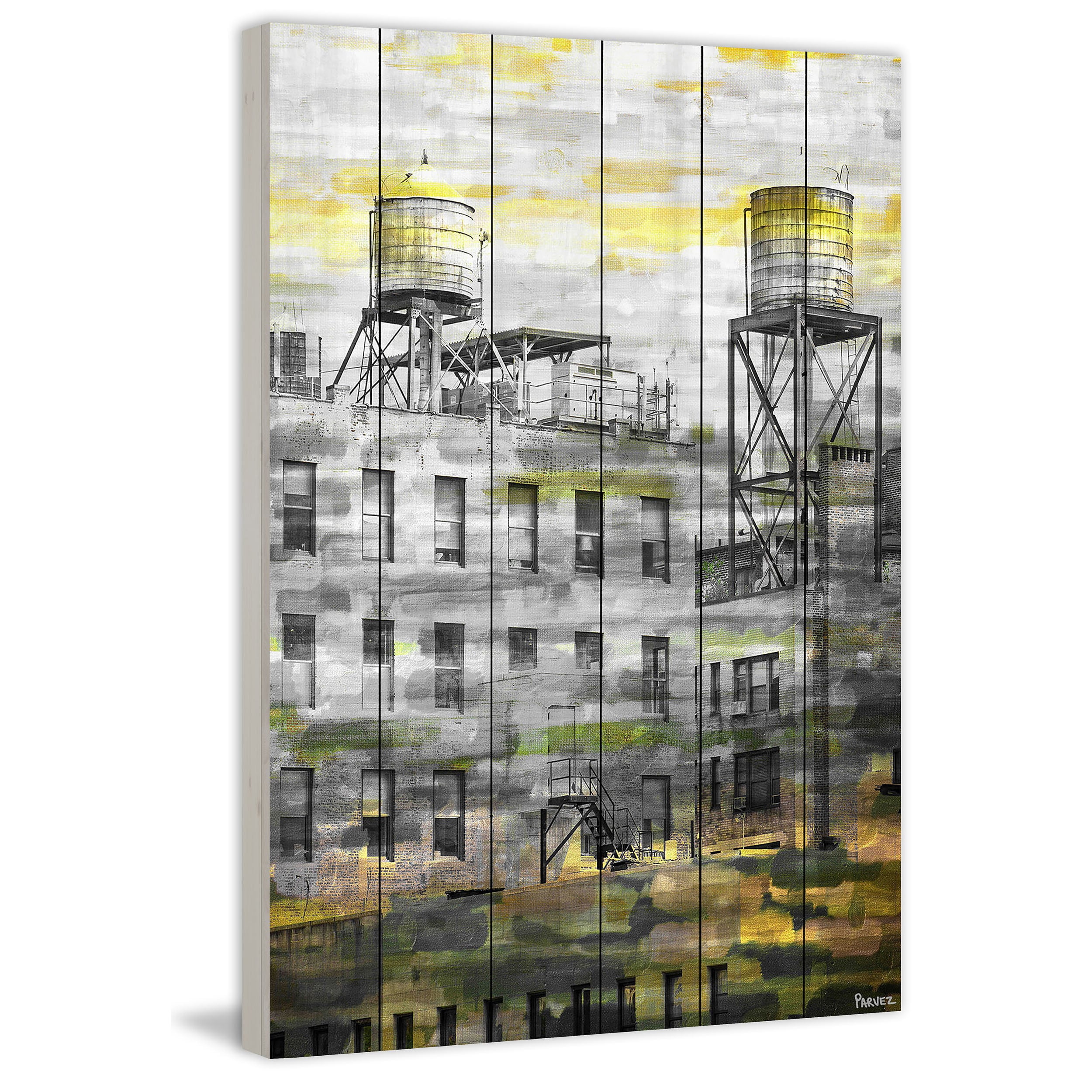 Parvez Taj  'Twin Silos' Painting Print on White Wood - Multi-color 30 x 45