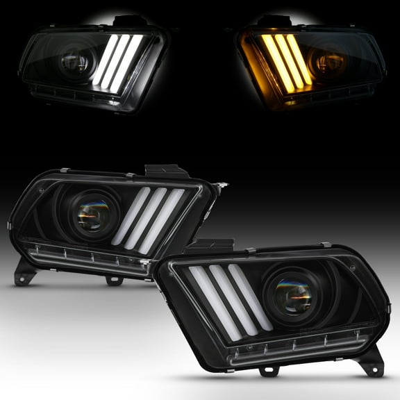 AKKON - For 2010-2014 Ford Mustang Tube LED Daytime Running Lamp Bar w/Sequential Turn Signals Projector Black Headlights Pair