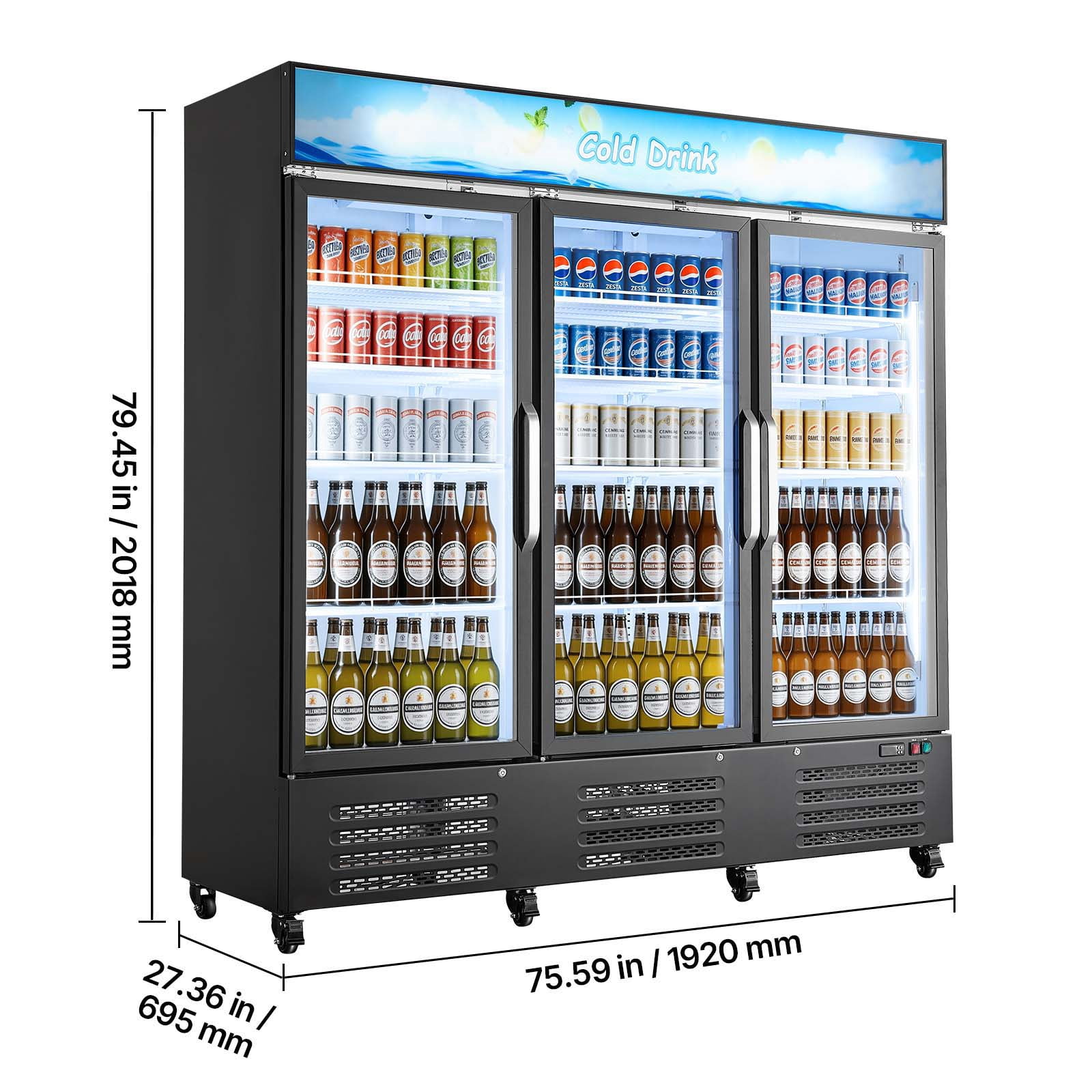 KFFKFF Commercial Merchandiser Refrigerator, 54.3 Cu.Ft / 1538L Beverage Cooler with Glass Doors, Customizable Lightbox, 12 Adjustable Shelves, LED Lighting & Casters