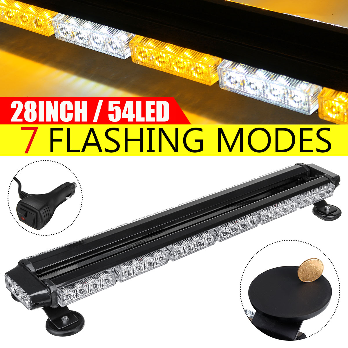 28" 54 LED Strobe Light Bar, Emergency Warning Lamp, Traffic Flash Work Light, 7 Kinds of