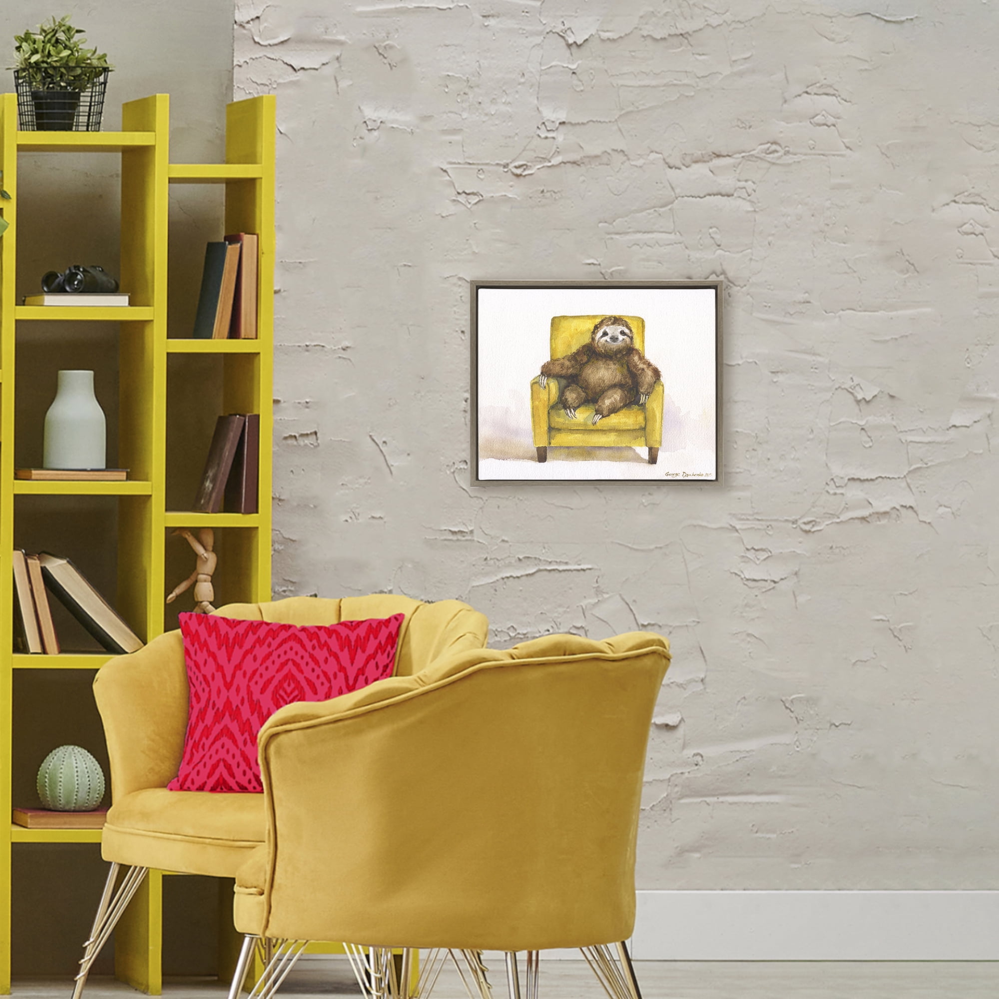 Stupell Industries Happy Sloth Relaxing on Armchair Brown Framed Floater Canvas Wall Art, design by George Dyachenko