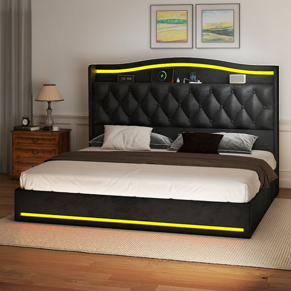Craftian King Size Standard Bed Frame with Storage & Power Outlets, Upholstered Bed Frame with LED Lights & Headboard, Black