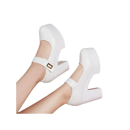 

Wazshop Women Mary Jane Heels Ankle Strap Dress Shoes Platform Pumps Fashion High Heel Womens Block Lightweight White 10cm 5.5