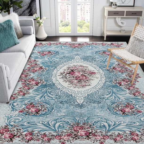 Alfombra Fácil de Manejar 152x213 cm Floral Lavable en Azul Turquesa y Rojo