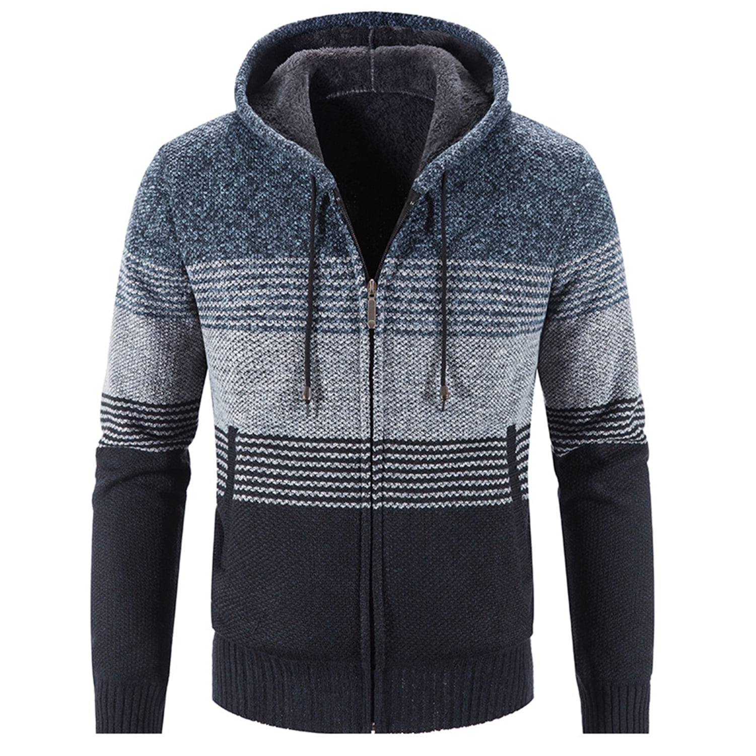 Lu's Chic Men's Hooded Sweatshirt Bold Striped Casual Long Sleeve Fuzzy  Fleece Lined Jacket Thick Knitted Knit Slim Fit Cardigan Sweater Zip Up  Hoodie