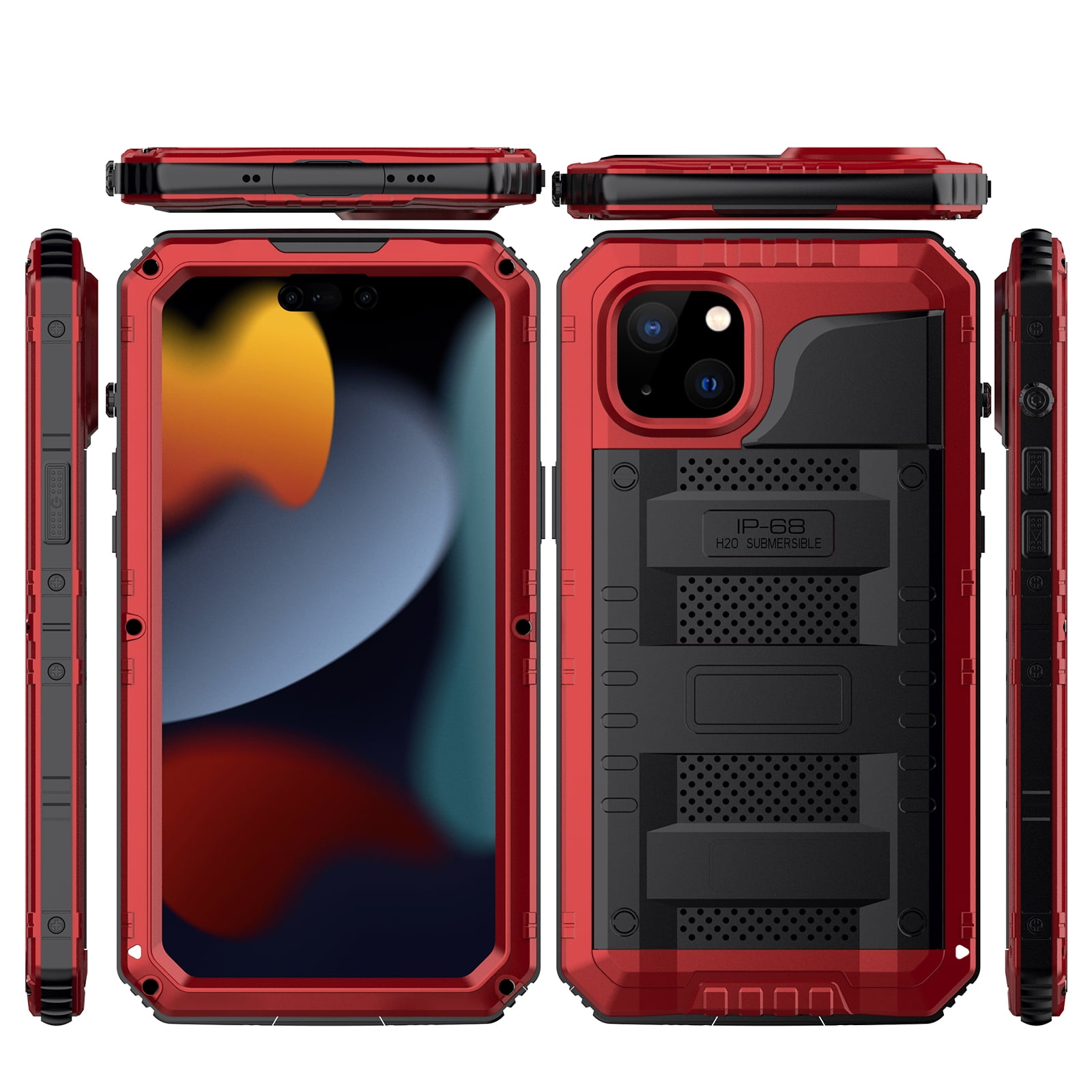 for iPhone 13 Case, Military Grade IP68 Waterproof Dustproof Shockproof Full Body Sealed Underwater Case with Built-in Screen Protector Heavy Duty Metal Rugged Defender Phone Case,Red