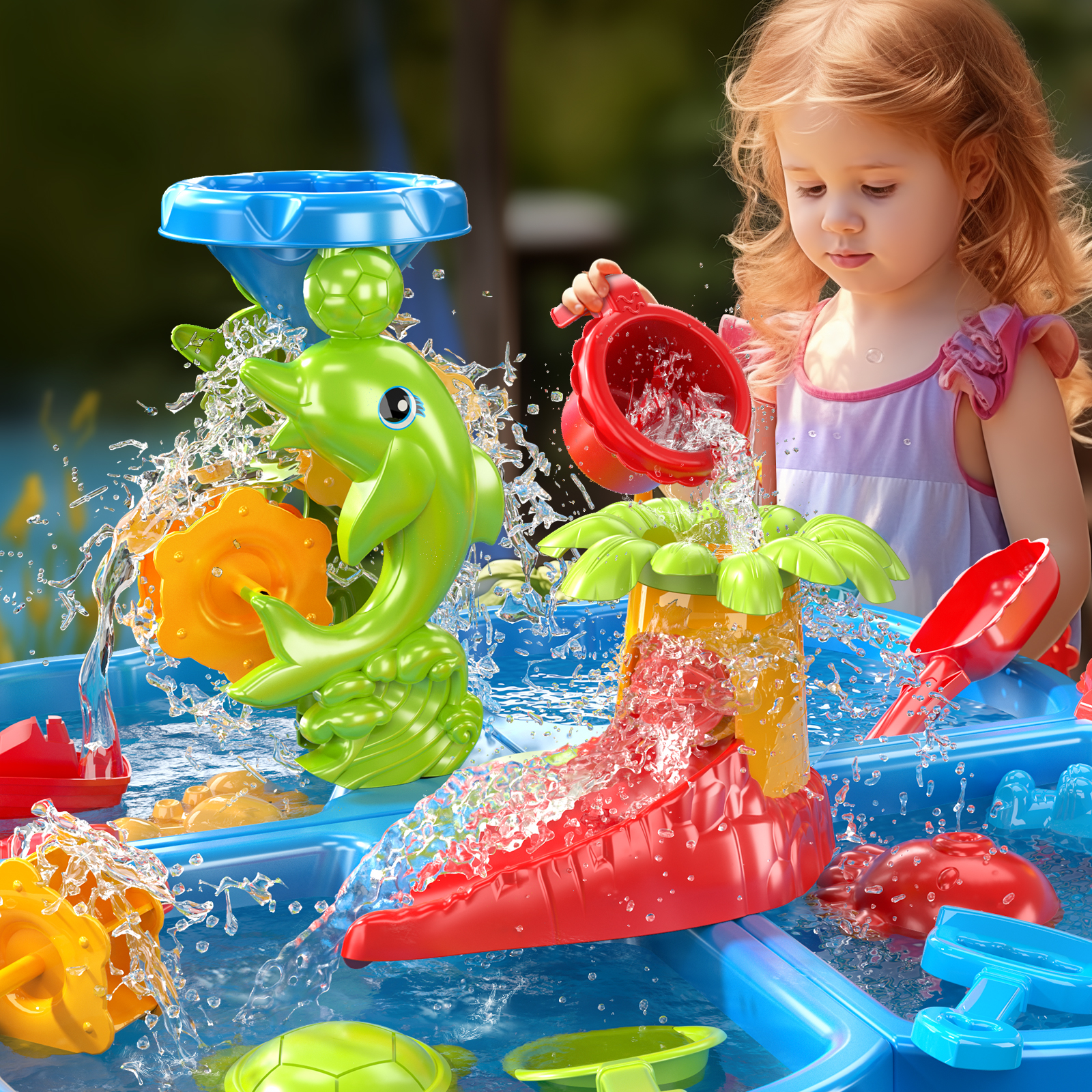 Smart Chef 4-in-1 Kids Sand Water Table for Toddlers 3-5, 32PCS Sandbox Table Kids Activity Sensory Play Table Summer Outdoor Toys for Toddler Boys Girls