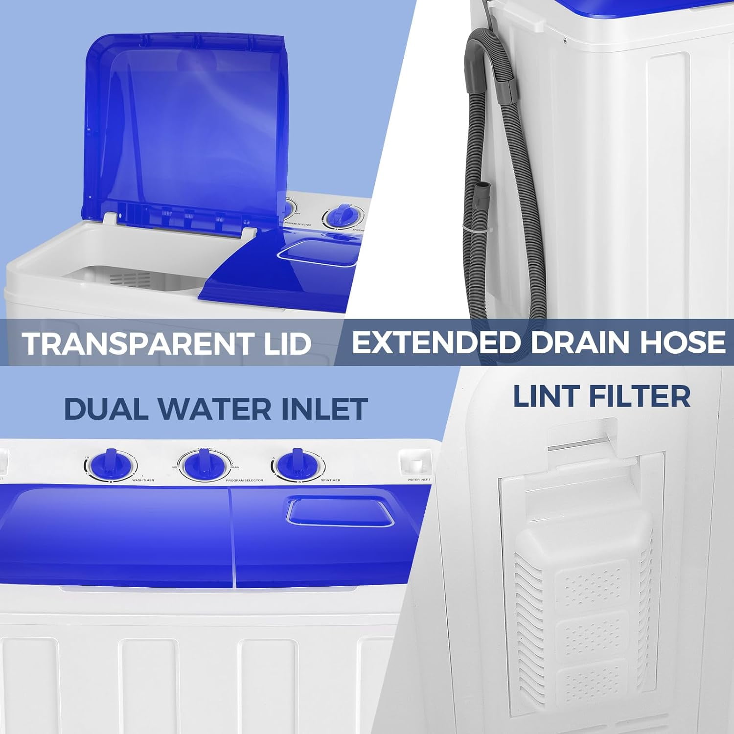 Adnoom 30lbs Washing Machine, 19lbs Washer/11lbs Spinner Combo Twin Tub Portable Washing Machine with Drain Pump, Blue&White