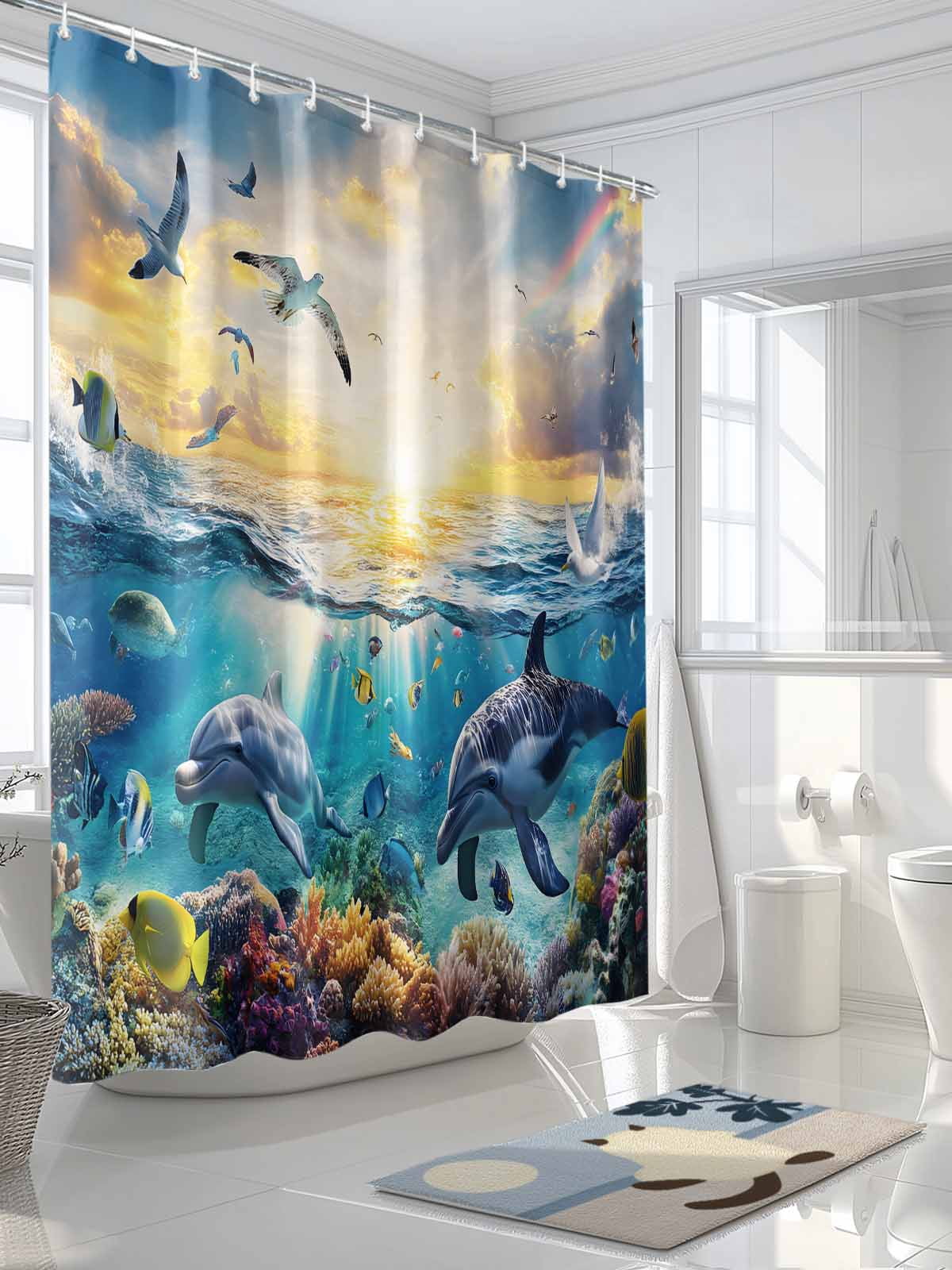 Tropical Coastal Shower Curtain, Ocean Animal Dolphin Fish Bird Bathroom Decor Curtains Set with Hooks, Blue Waterproof Fabric Home Accessories， 72 X 78 Inch Long