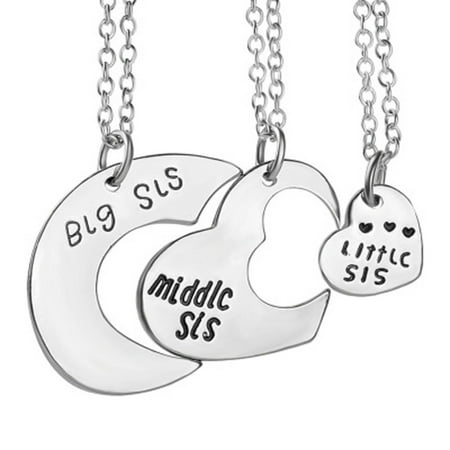 3-Pcs. Big Middle Little Sister Anti-Tarnished Best Friend Silvertone Heart Necklace Set, J-391-S