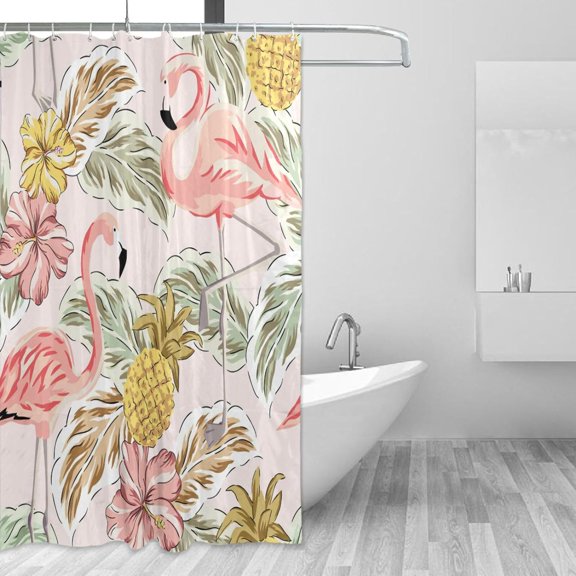 Tropical Pink Flamingo Shower Curtain Waterproof Washable Bathroom Shower Curtain Polyester Cloth Fabric Bathroom Decor Set with 12 Hooks, 60x72 inches
