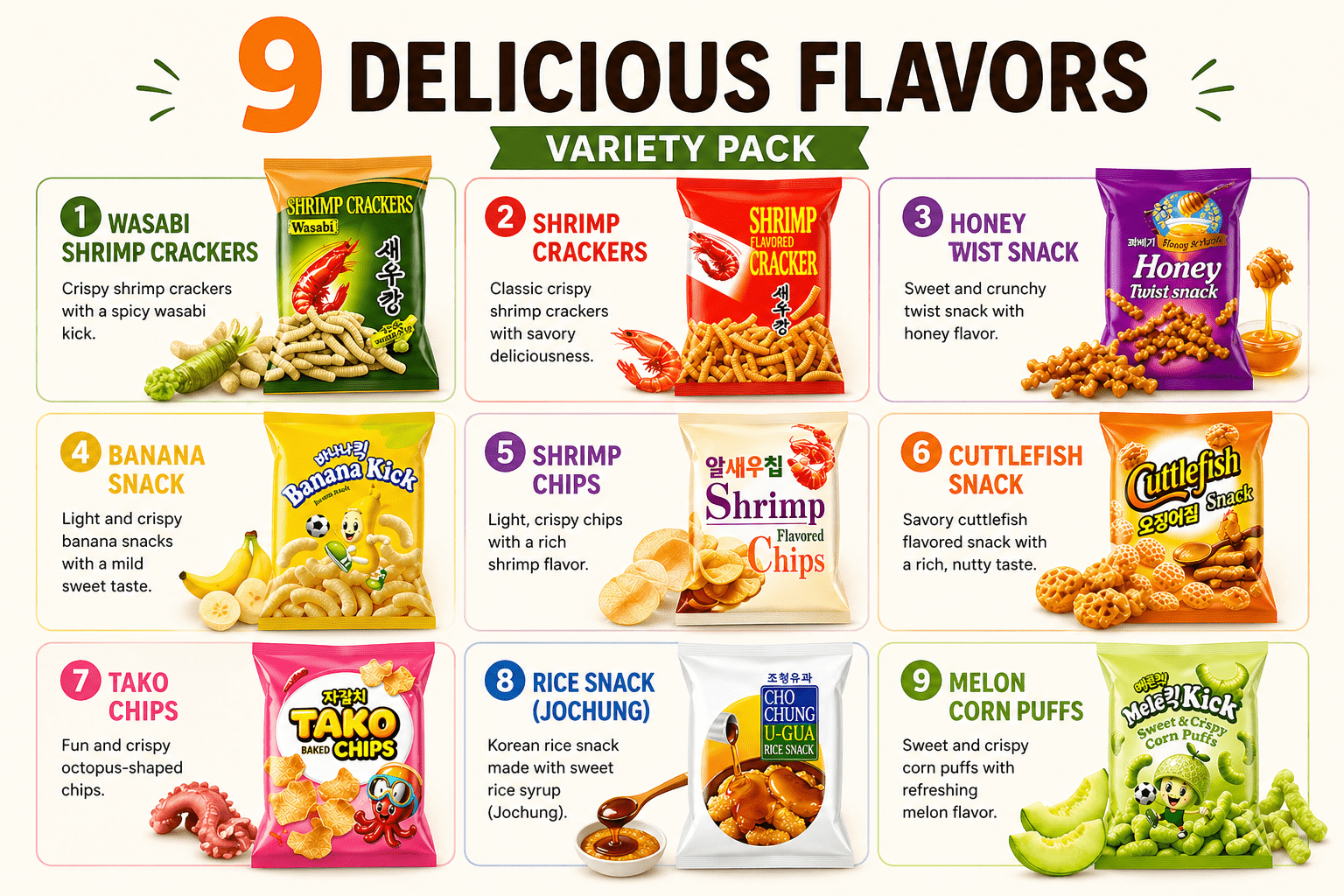 Korean Snack Variety Pack, 9 Count, Assorted Sweet & Savory Snacks, Individual Bags